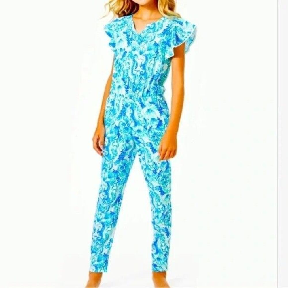Lilly Pulitzer Girls Astara jumpsuit Printed Pom Pom Lace Cotton M 6-7 281028
